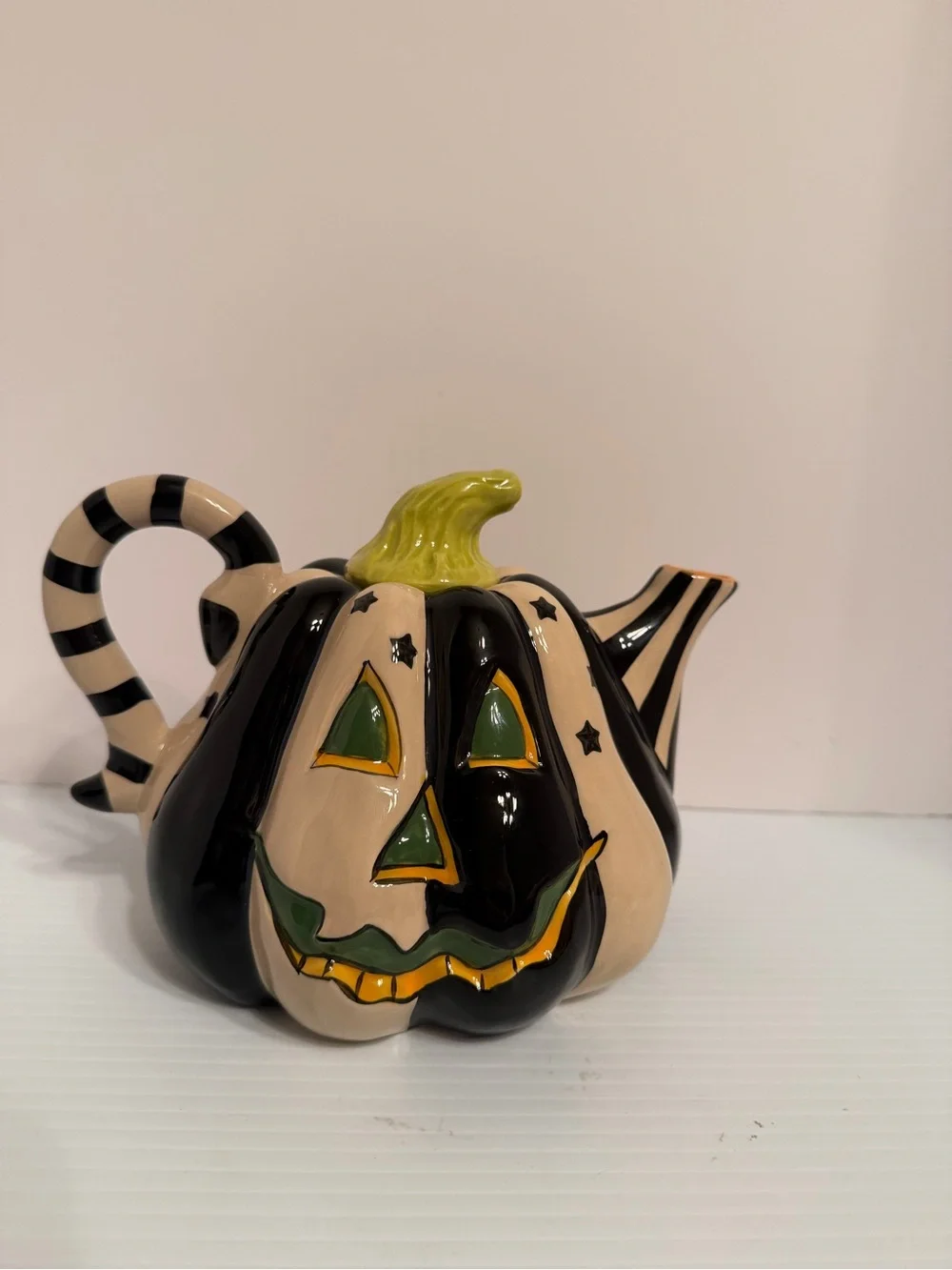 Blue Sky Clayworks Halloween Black White Jack O Lantern Teapot Mackenzie New